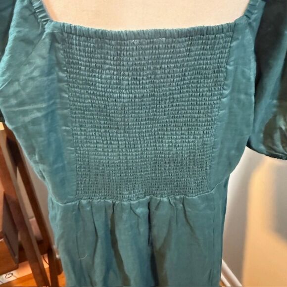 NWT Garnet Hill Linen Puff-Sleeve Midi Dress XL Teal Square Neck Cottagecore - Picture 7 of 11